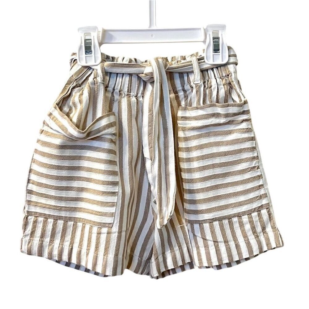 Mayoral Girls Striped Paperbag Shorts Beige Size 8 Summer Casual